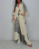 2 Pieces Outfit Floral Print Turn down Collar Button Front Side Slit Long Top and Casual Drawstring Elastic Waist Wide Leg Pants Set