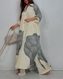 2 Pieces Outfit Floral Print Turn down Collar Button Front Side Slit Long Top and Casual Drawstring Elastic Waist Wide Leg Pants Set