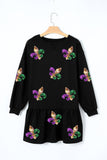 Black Sequin Mardi Gras Symbolic Pattern Pullover Mini Dress