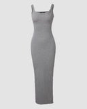 ChicMe ShapeSculpt Basic Lounge Slip U Neck Long Dress Elegant Sleeveless Ribbed Bodycon Maxi Dresses