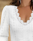 Deep V Neck Contrast Lace Three Quarters Sleeves Tee Casual Shirred & Frill Hem Cuffs Breathable Top