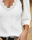 Deep V Neck Contrast Lace Three Quarters Sleeves Tee Casual Shirred & Frill Hem Cuffs Breathable Top