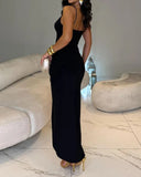 Sexy Square Neck Thick Strap Backless Slit Dress