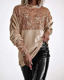 Velvet Contrast Leopard Sequin Patch Crewneck Sweatshirt Ruched Long Sleeve Zipper Slit Pullover Top