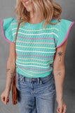 Green Colorful Striped Eyelet Knit Ruffled Sleeve Sweater T Shirt