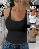 3 Pieces Scoop Neck Spaghetti Strap Ribbed Top Casual Sleeveless Slim Fit Tank