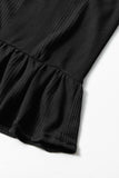 Black Solid Color Ribbed Ruffle Tank Top and Pants Set