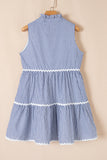 Blue Stripe Sleeveless Notched V Neck Contrast Ric Rac Mini Dress