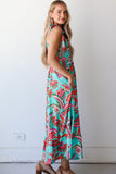 Green Abstract Print Smocked Bodice Knotted Straps Ruffled Maxi Dress