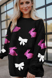 Black Sequined Bunny Bow Easter Fashion Corded Sweatshirt