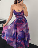 Ombre Print Spaghetti Strap Cowl Neck Dress Casual A Line Sheer Mesh Party Dress