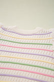 Oatmeal Colorful Striped Eyelet Knit Ruffled Sleeve Sweater T Shirt