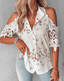 Butterfly Print Lace Patch Cold Shoulder Top