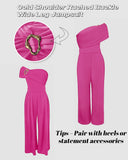 Cold Shoulder Ruched Buckle Wide Leg Jumpsuit