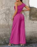 Cold Shoulder Ruched Buckle Wide Leg Jumpsuit