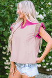 Pink Colorblock Ruffled Sleeve Frill V Neck Blouse