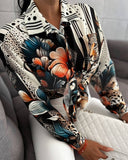 Floral Print Turn down Collar Shirt Long Sleeve Blouse with Pocket