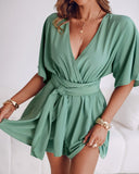 V Neck Half Sleeve Tied Detail Romper