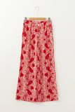 Red Paisley Printed Buttoned High Waist Straight Leg Pants