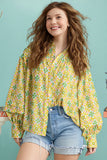 Green Boho Floral Print Frilly Detail Puff Sleeve Shirt