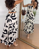 Abstract Print Spaghetti Strap Maxi Dress Casual Hollow Out Ruffles Hem Dress