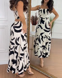 Abstract Print Spaghetti Strap Maxi Dress Casual Hollow Out Ruffles Hem Dress