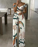 Plants Print Off Shoulder Wide Leg Jumpsuit