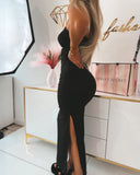 Metal Flower Decor Spaghetti Straps Cutout Side Slit Party Dress Ruched Bodycon Dress