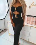 Metal Flower Decor Spaghetti Straps Cutout Side Slit Party Dress Ruched Bodycon Dress