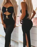 Metal Flower Decor Spaghetti Straps Cutout Side Slit Party Dress Ruched Bodycon Dress