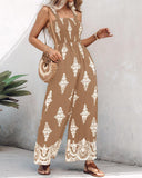 Graphic Print Square Neck Thick Strap Shirred Jumpsuit Wide Leg Overalls with Pockets