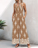 Graphic Print Square Neck Thick Strap Shirred Jumpsuit Wide Leg Overalls with Pockets