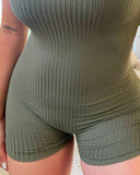 Square Neck Short Sleeve Knit Romper Casual Slim Fit Jumpsuit