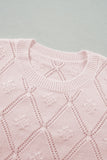 Gossamer Pink Openwork Plaid Puff Sleeve Cropped Sweater