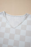 Beige Checkered V Neck Tee Drawstring Shorts Lounge Set