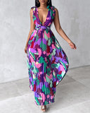 All Over Print Ruched Slit Tied Detail Maxi Dress