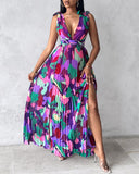 All Over Print Ruched Slit Tied Detail Maxi Dress