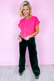 Bright Pink Distressed Hem Short Sleeve Knitted Button Front Sweater