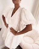 Lace Floral Puff Sleeve V Neck Mini Dress Casual Waist A Line Dress