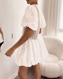 Lace Floral Puff Sleeve V Neck Mini Dress Casual Waist A Line Dress