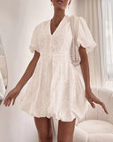 Lace Floral Puff Sleeve V Neck Mini Dress Casual Waist A Line Dress