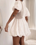 Lace Floral Puff Sleeve V Neck Mini Dress Casual Waist A Line Dress