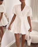 Lace Floral Puff Sleeve V Neck Mini Dress Casual Waist A Line Dress