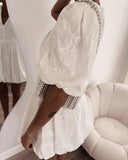 Lace Floral Puff Sleeve V Neck Mini Dress Casual Waist A Line Dress