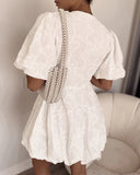 Lace Floral Puff Sleeve V Neck Mini Dress Casual Waist A Line Dress