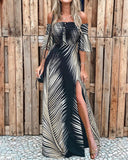 Off Shoulder Smoked Cutout Leaf Print Slit Dress