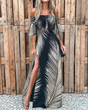 Off Shoulder Smoked Cutout Leaf Print Slit Dress