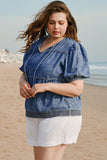 Sail Blue Plus Drawstring V Neck Puff Sleeve Denim Blouse