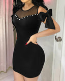 Cold Shoulder Beaded Bowknot Design Bodycon Dress Sheer Mesh Patch Mini Dress