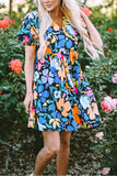 Blue Collared Split Neck Floral Flared Dress